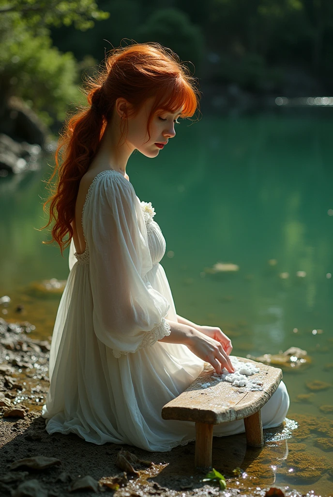 (photorealism:1.2), beautiful woman, red hairstyle, in a lake with mud, green lagoon with algae, wearing a white dress with a lampshade underneath, wearing a pantie, with a washing board kneeling next to the lake, dark and gloomy atmosphere, transparent dress, realistic, intricate details, warm color ambient