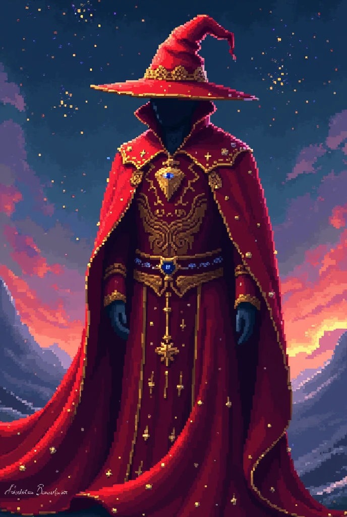 Make a pixel art drawing of a red wizard outfit with cape 