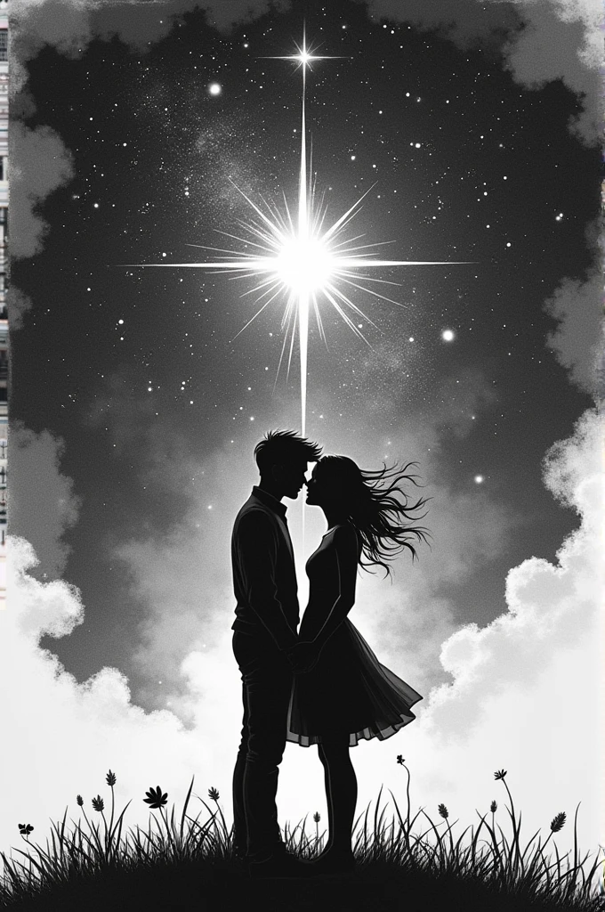 Create a tattoo of a couple looking at the starry sky and a star shining brighter, it must be black and white and drawn in tattoo lines