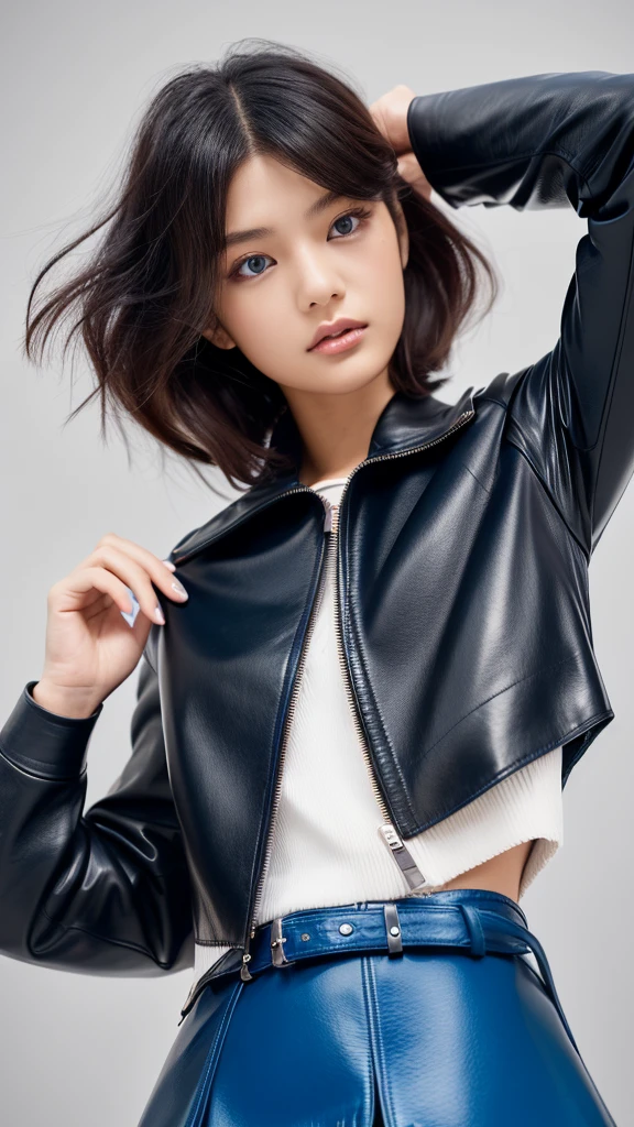 Japan Teen Model , Hair Model, Unique hair details, Translucent zip-up ripped dress, double eyelid, Fuller lips, Professional makeup, Blue to red gradient mullet bob hair, High quality editorial photos、((Black Leather Jacket、Black Leather Jacket、black leather skirt))