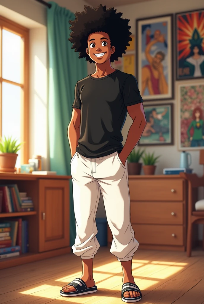 A 19 year old black man in one room with an afro. He is one meter 76 tall and weighs 45 kilos. He has a black t-shirt tightened to his abs and arms. And his t-shirt has short sleeves. At the bottom, he wears slightly wide and white jogging pants. And on his feet, he wears Nike slides. He has brown eyes, black hair, he has the Toshi Toshi no mi fruit. He is smiling and his name is Kozuki Sujiro. Il n'a pas de moustache et de barbe il a des dents droites et blanches, et il est animé