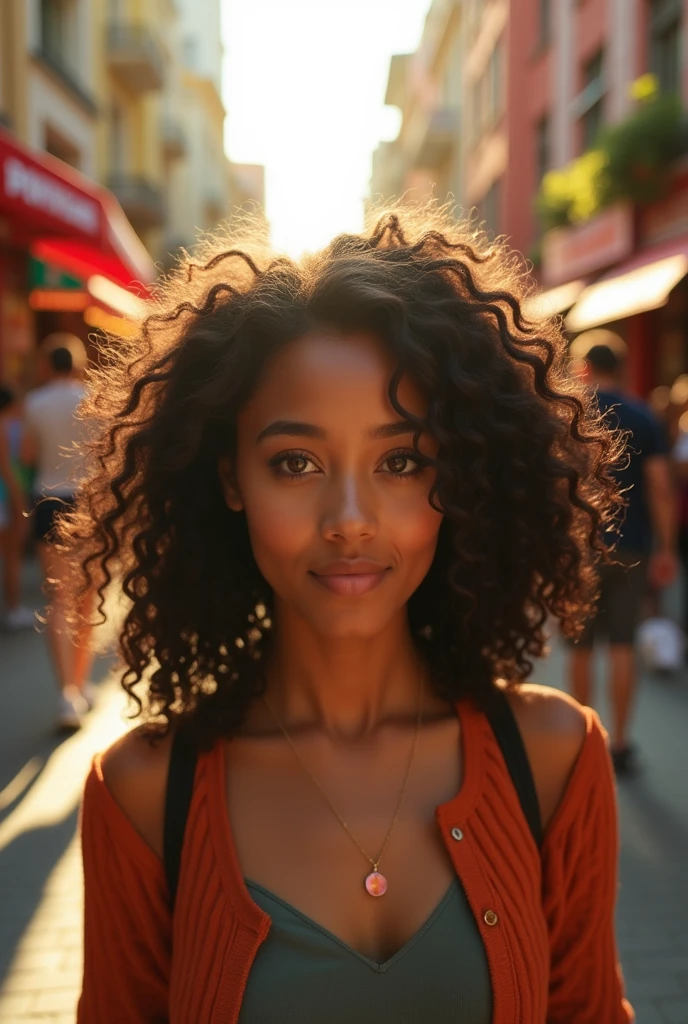 portrait of an insanely stunning beautiful sexy Afro-American woman in a city environment, messy windy light brown hair, flipping hair, green eyes, symmetrical face, dramatic lighting, Chaotic atmosphere, sharp eyes, (extreme skin details) ultra realistic, rule of thirds, dramatic overhead lighting, detailed face, cute, shallow depth of field, intricate details, gold rays,