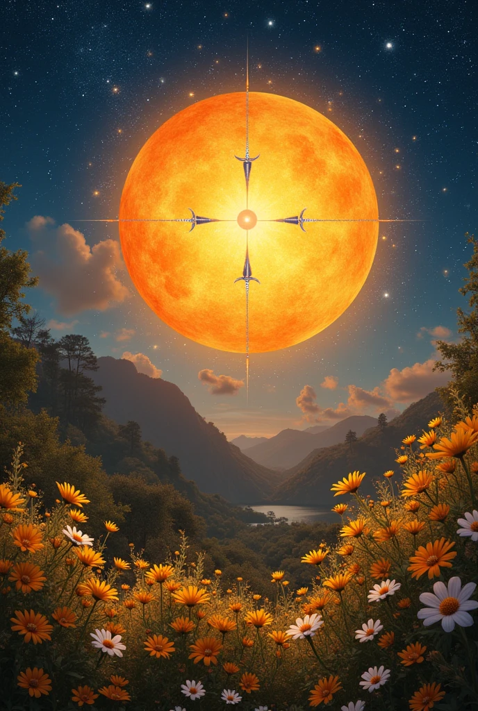 the sun embracing the moon , That the sun in the center has three stars with three points each and that the sun and the moon are surrounded by flowers of ismeñas from Oaxaca