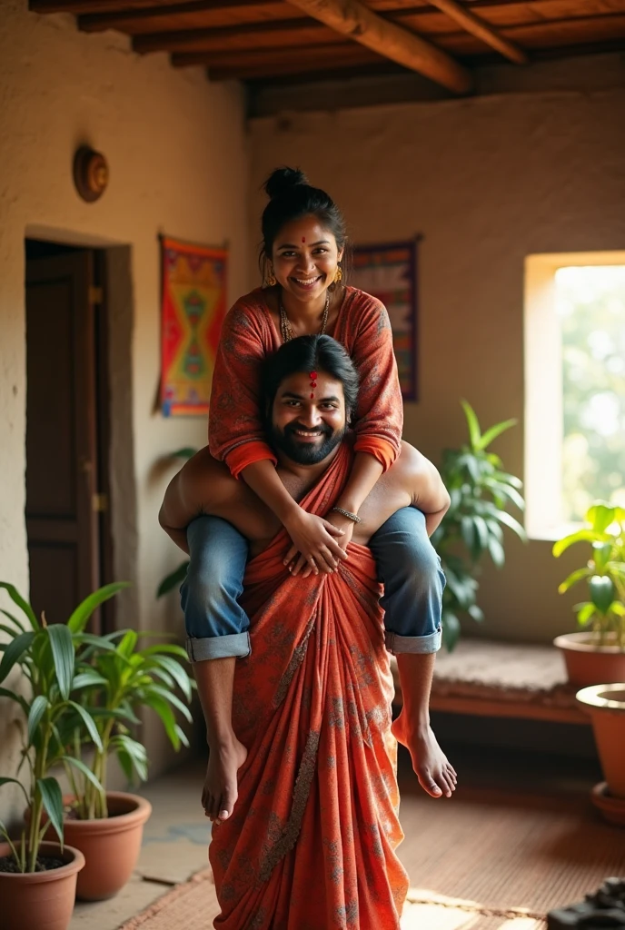A smiling and beautiful fair indian woman with tied hair lifting and carrying a stout man on her shoulders, man is sitting on woman's shoulders, in a village room