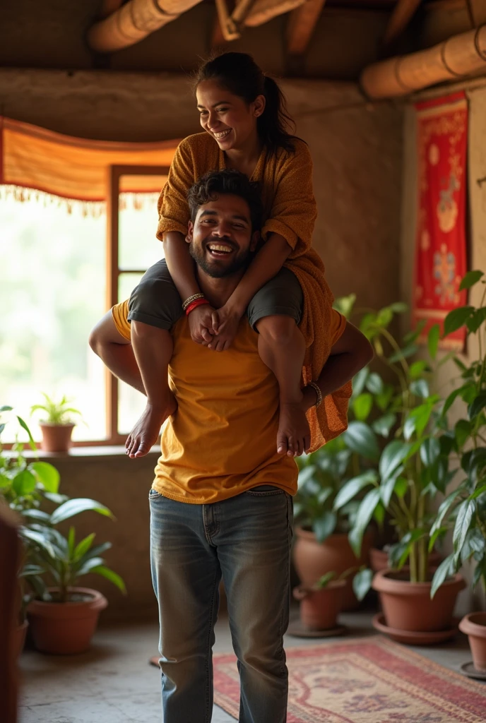 A smiling and beautiful fair indian woman with tied hair lifting and carrying a stout man on her shoulders, man is sitting on woman's shoulders, in a village room