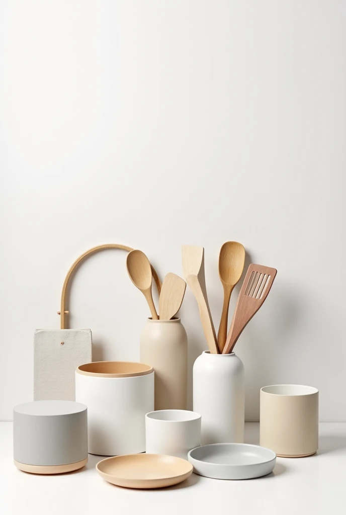 Create an image for an online store of modern homewares. The image must have a clear and clean background, highlighting a variety of home essentials, as kitchen utensils, Organization, menage, and small appliances. Items should be presented in an organized and visually appealing manner., with touches of soft, neutral colors to maintain an elegant and inviting aesthetic Includes a discreet promotional banner, advice discounts or special offers, for attr.