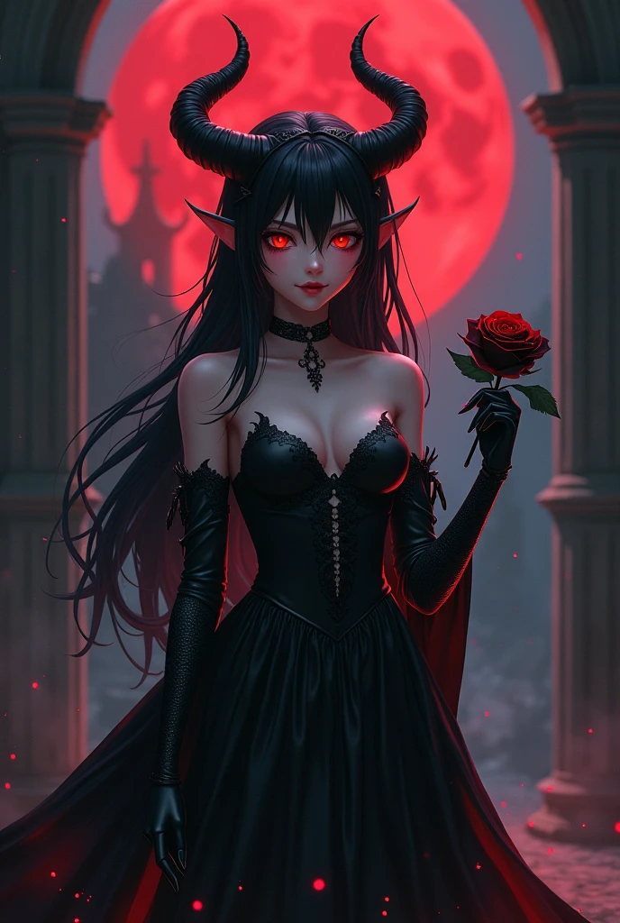 anime devil girl with death look and in her hands is a black rose and dark fantasy style