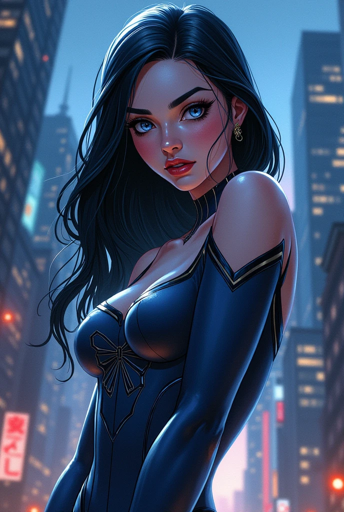 Create an image character cartoon style Marvel comics spiderman female with long straight black hair cold white skin, but with rosy cheeks in a cold tone thin and arched eyebrows sensual blue eyes even a bit of cold mockery.