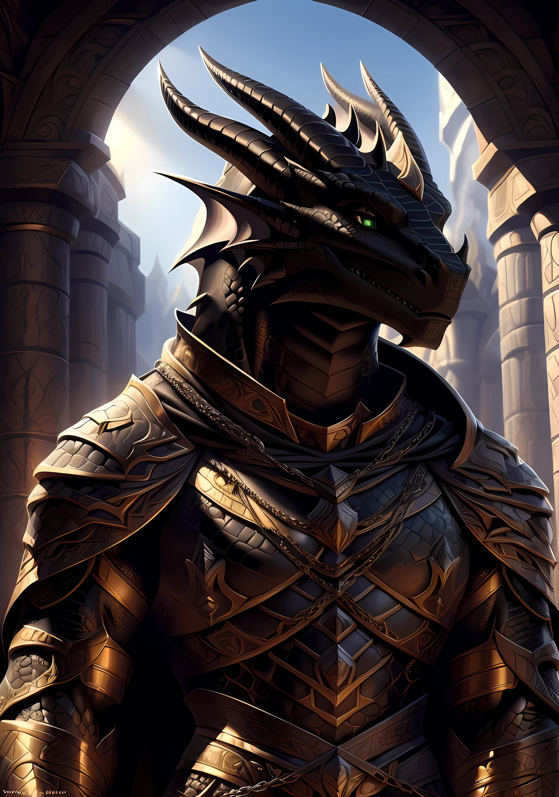 Realistic, detailed, beautiful, masterpiece, HDR, castle interior background, fantasy setting, king, ((gold armor, gold breast plate, chain mail, gold pauldrons, gold greaves, gold leg armor, wearing gold armor, black robes, black cloak, wearing black robes and cloak)) dragon, anthro, male, male body, black skin, (black scales:1.9), (two long thin horns:1.3), green eyes, detailed eyes, perfectly shaped body, confident majestic pose, finger black claws, masculine facial features, seductive gaze, neutral facial expression, black pointed ears, standing tall, out doors, daytime, close-up, portrait, face focus,
(detailed Bonifasko lighting), (detailed scales), (detailed skin), (male dragonborn), BREAK, ((long flowing tail)), ((facing viewer)), (cinematic lighting), ((detailed background)), ((portrait view)), (((close-up))), (good lighting), [backlighting], [crepuscular ray], [detailed ambient light], [gray natural lighting], [ambient light on the belly], (higher wildlife feral detail), [explict content], [sharp focus], (questionable content), (shaded), ((masterpiece)), furry dragonborn, reptilian face, furry Fantasy Art, furry Art, Commission for High Res, anthro Art, POV furry Art,Sakimichan beautiful, masterpiece, best quality, detailed image, bright colors, detailed face, perfect lighting, perfect shadows, perfect eyes, green eyes, flawless face, face focus, (masterpiece:1.21), (best quality:1.2), (illustration:1.2), (cinematic lighting:1.3), detailed scales, balanced coloring, global illumination, ray tracing, good lighting, scales, anthro, well lit 