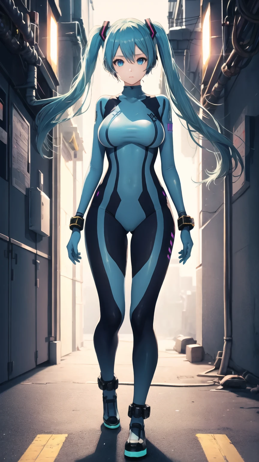 masterpiece, Hatsune Miku Vocaloid, Twin tails, Bright Blue Eyes, Light blue hair, ((Pichi Pichi body suit)), cyber punk, High heels, ((Ultimate toned physique)), Beautiful Eyes, ((Big Breasts)), 8k CG, Highest quality, Best image quality,