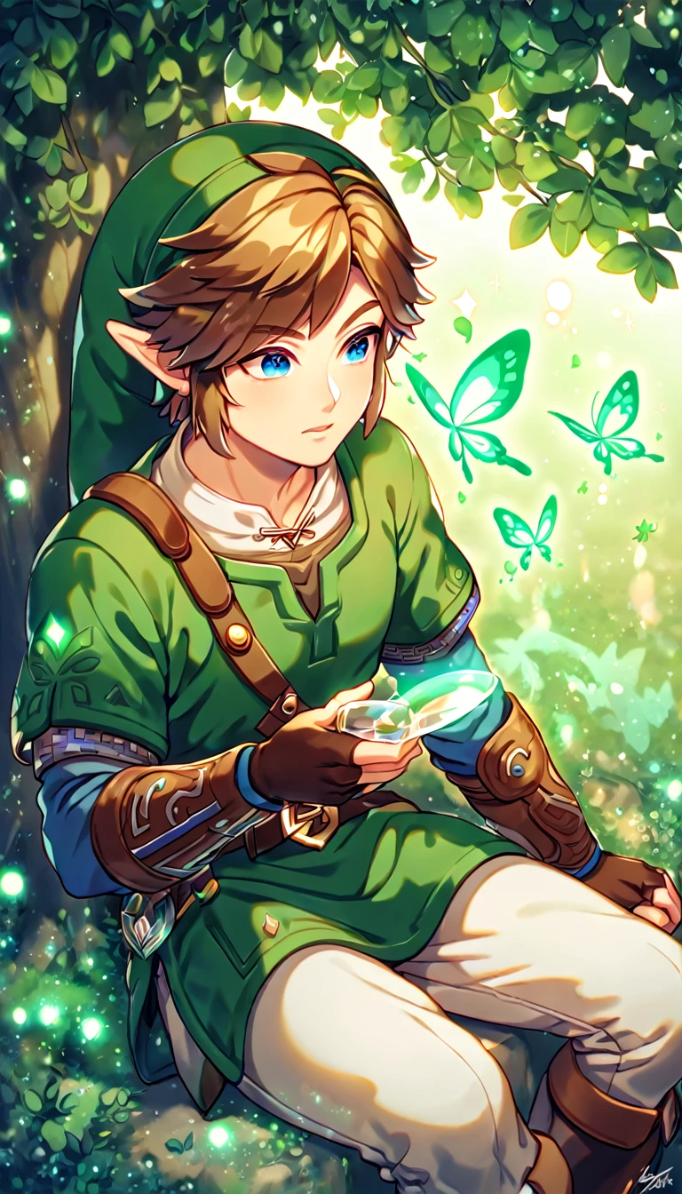 absurdres, highres, ultra detailed, HDR, master piece, best quality, extremely detailed, Link, brown hair, expressive blue eyes, The Legend Of Zelda Skyward Sword, solo, sexy man sitting, sensual, handsome, green tunic, green hat, brown gauntlets, white pants, under a green tree, fantasy, magical, glittering fireflies, green butterflies, green flames, glass magic, green leaves