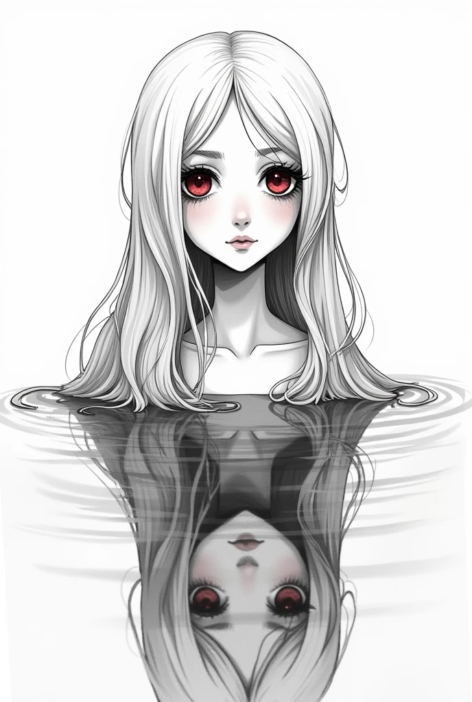 Jacques prevert black and white illustration art, illustration of a beautiful girl, an body, cute face, thin lips, a white very long hair, ruby eyes, melancholy, perspective - the reflection of a face in the water, line draw, white simple background, masterpiece --ar 2:3 --stylize 50