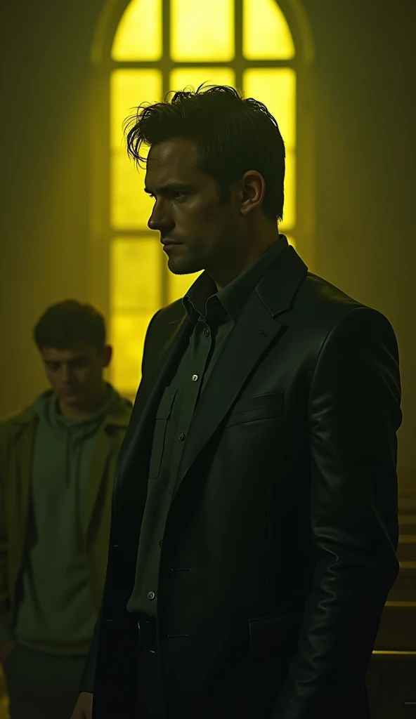 O agente Leon Scott Kennedy, exhausted and injured, is desperately trying to save college student Ashley Graham. Leon, with specific expression and visible damage, reaches out to protect Ashley, who is scared and backing away from him. inside a tall chapel, the lighting is yellowish, dark greenish, Darkening, with deep shadows, highlighting the tension and desperation of the scene, 真实感, three-sided view, diffraction peaks, character graphic, uhd, precise, texturized skin, super detaill, high qualiy, best qualityer, high resolution
