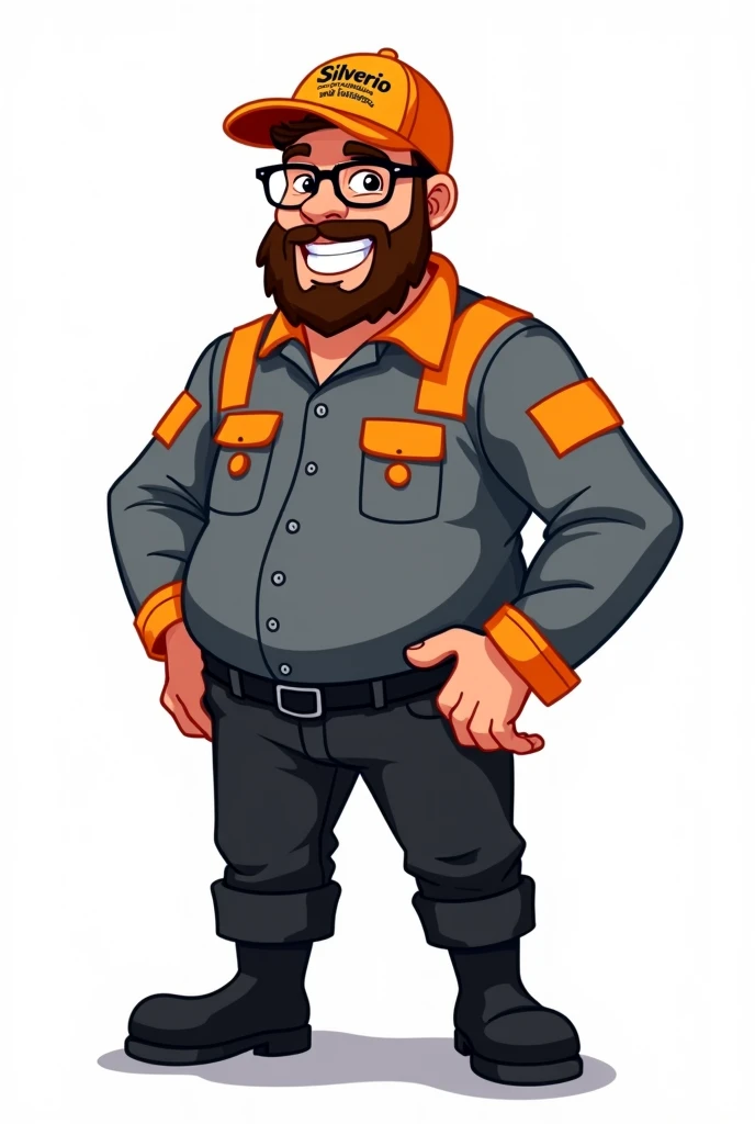 The image is a cartoon style illustration, com fundo branco. Nela, a fat brown man appears, wearing glasses and a beard. Ele veste uma camiseta de manga longa gray with orange details e um boné combinando, gray with orange details, where is it registered "Silverio Gutters and Flashings". The man also wears black pants and black boots., giving him a hard-working appearance.