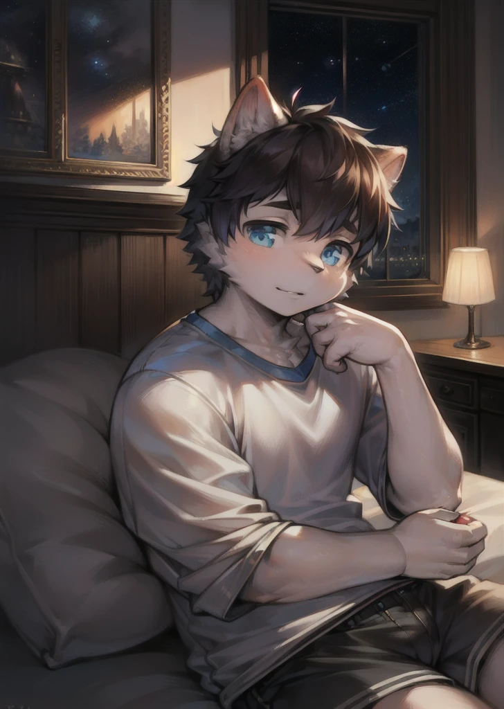 a highly detailed, realistic and photorealistic portrait of an adorable fluffy gray cat with striking blue eyes, a young boy wearing casual clothes with a slightly flushed face, beautiful detailed eyes and face, an exaggerated, whimsical and surreal scene with a bedroom background, masterpiece, (best quality,4k,8k,highres,masterpiece:1.2),ultra-detailed,(realistic,photorealistic,photo-realistic:1.37),HDR,UHD,studio lighting,ultra-fine painting,sharp focus,physically-based rendering,extreme detail description,professional,vivid colors,bokeh,deep gray fur,fluffy fur,blue eyes,white fur,boy,young child,shorts,t-shirt,slightly flushed face,handsome:1.2,bedroom background,scene,lighting,space