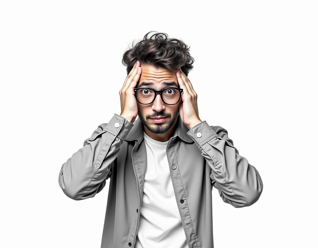 on a white background, placed in the form of a realistic drawing , to a 32-year-old man, head on, grabbing his head in confusion, with glasses if he would wear color but he would not wear additional elements that make the drawing look more adult and less