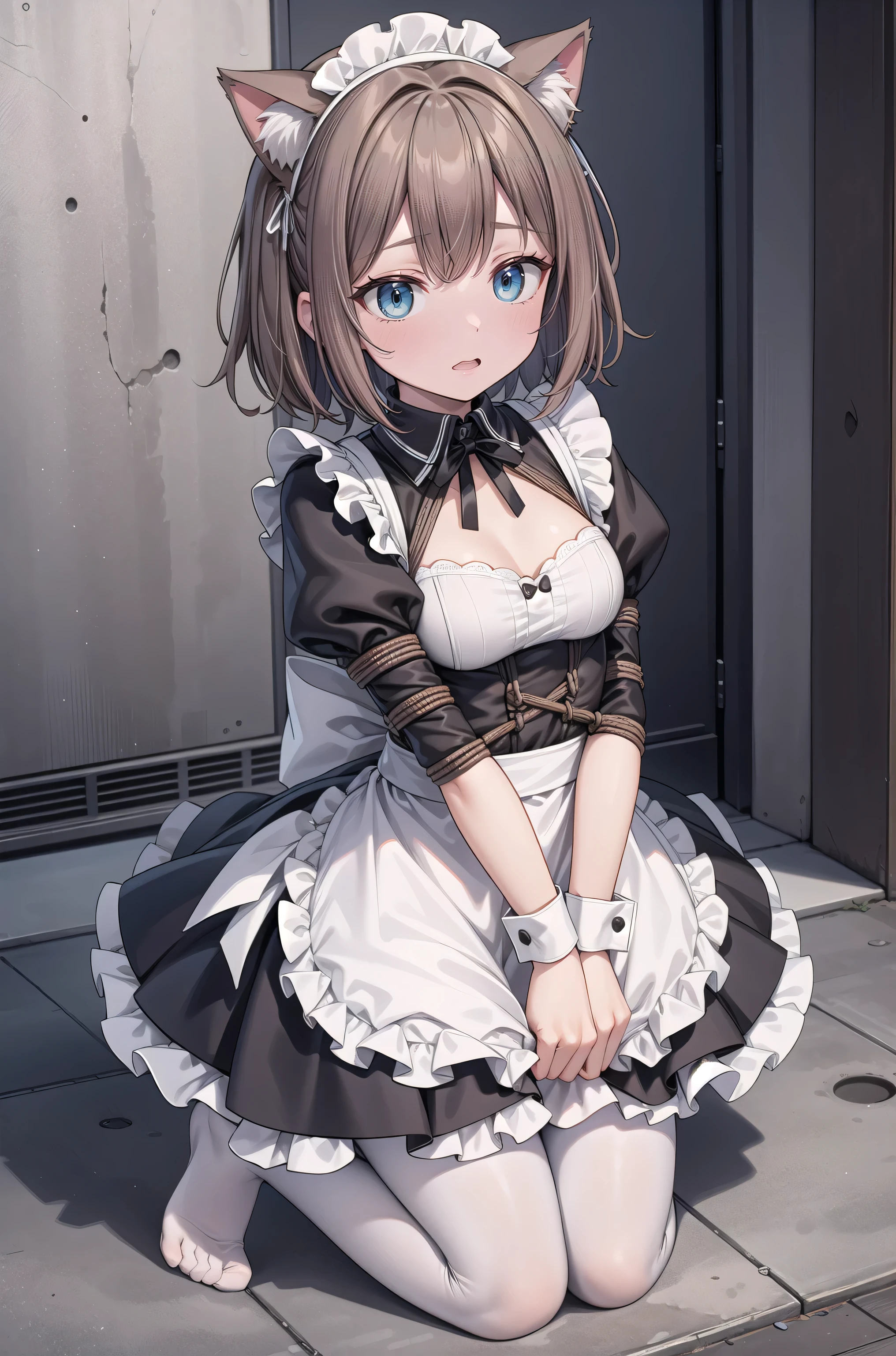 Solo Girl, 20-year-old,Medium Hair, Light brown hair, Mid-chest, highest quality, High resolution, Very detailed, Detailed Background, Perfect lighting、Extreme maid outfit、very cute, Blue eyes, a pair of cat ears, Blush, White pantyhose, No shoes on, Bound by a rope, Kneeling on the ground, scared expression, Bind hands and feet