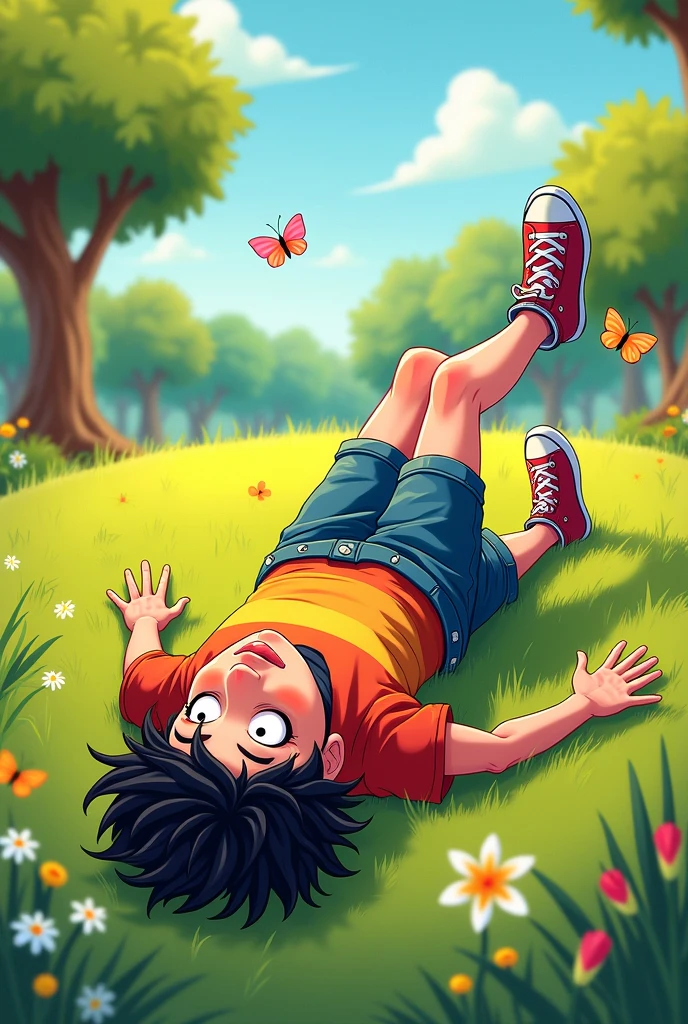 Top view at a diagonal angle of a full body of a male character lying on the ground in a cartoon style 