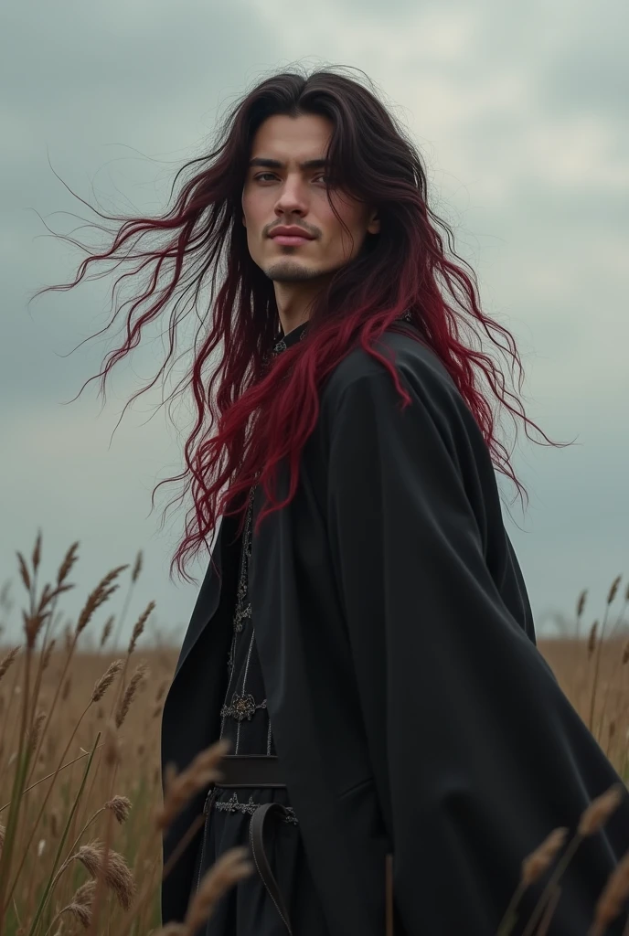 Make a young Germanic man with dark red hair and black hair, His name is Yuu Leir and he is ., He has 1,82 tall, He's a tall man, half tanned skin, with long hair that reaches down to the back, His face is a little effeminate but his body is thin but strong., he is smiling slightly calmly in a cloudy field without rain, photo realistic image.