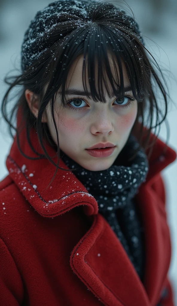 ((( masterpiece ))), (((of the highest quality))), ((Very detailed)), (Photography), ((very delicate and beautiful )),High resolution,
A girl, 25 years,
(detailed eyes), (detailed facial features), (Detailed weapons), (Detailed fingers), (Details of the leg),
(eyes visible through hair), ((drunk eyes)) , (embarrassing :1.2),
(toothless smile),(((Fuller lips))),
(snow scene),(Upper part of the body),Red coat,
((luz outfit)),((film grain)), ((single lens reflex camera)), ((35mm lens focal length))