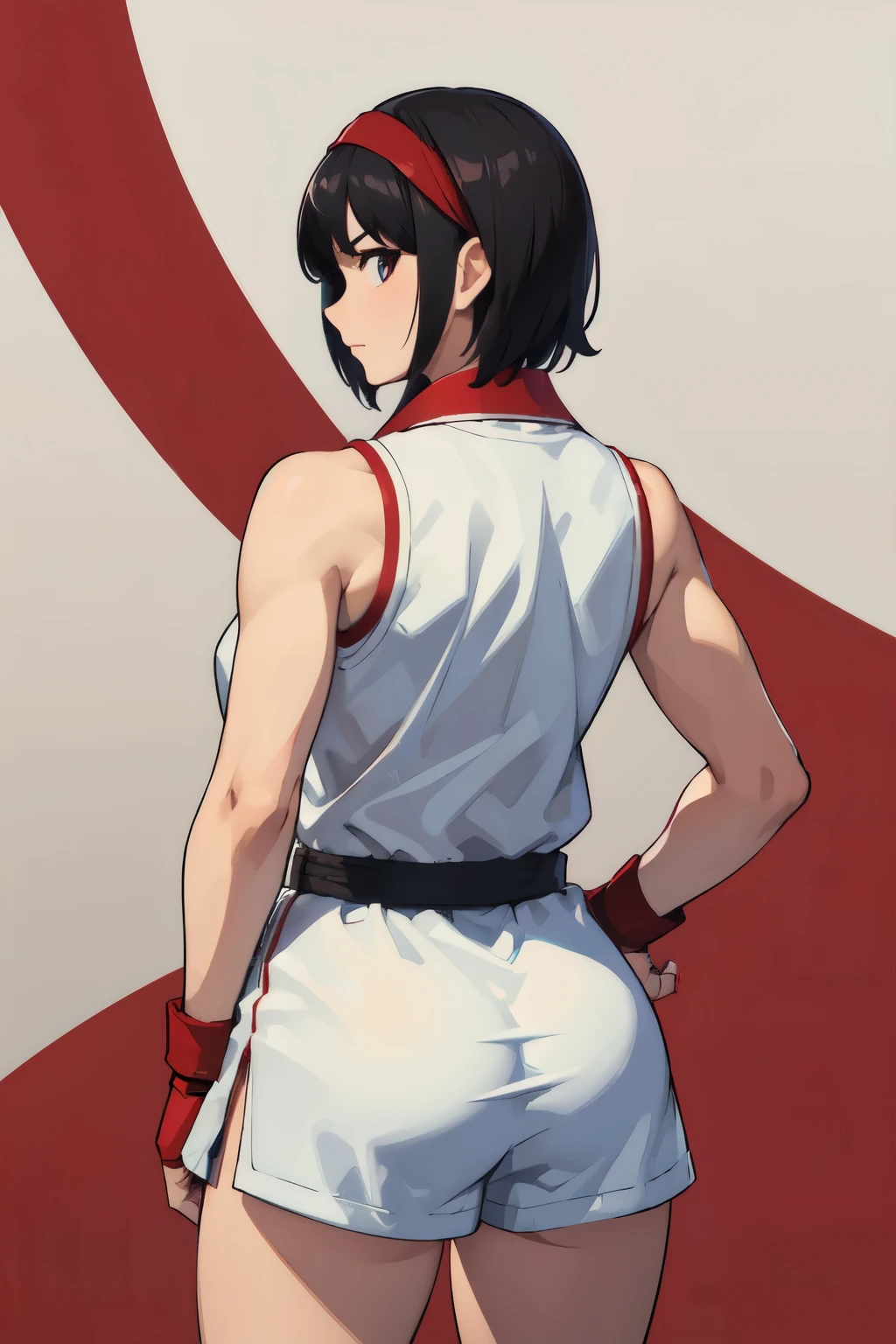 (masterpiece, best quality:1.2), expressive eyes, perfect face, highres, 1girl, solo, ryu \(sf\), (female:1.5), black hair, short hair, dougi, white karate uniform, fingerless gloves, red headband, back pose, portrait, l back at the viewer, cowboy shot