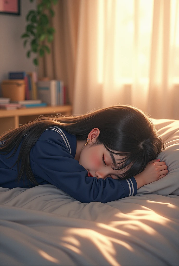 A with a clean and neat appearance wearing a navy blue sailor uniform. Her hair is long and untrimmed. She is wearing black tights.。
Sleeping face down on the bed。