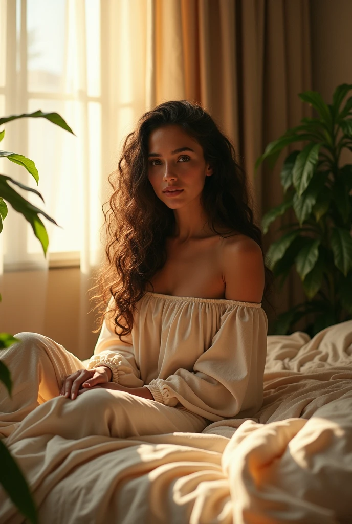(photorealism:1.2), beautiful woman, sitting on bed, wearing loose off-shoulder top, pajama pants, long curly hair, indoors, soft lighting, plants in background, window with sunlight, cozy room, relaxed pose, realistic, intricate details, warm colors, by Greg Rutkowski, by Alphonse Mucha
