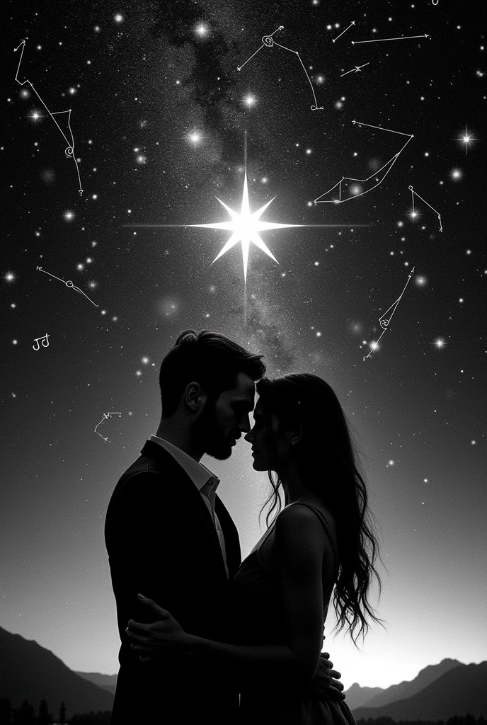 Create a tattoo of a couple looking at the starry sky and a star shining brighter, it must be black and white and drawn in tattoo lines in tattoo lines