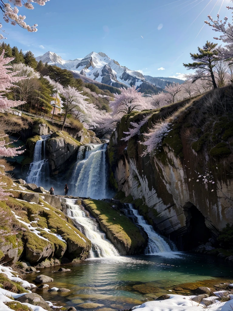 A detailed, lush landscape scene of a tree growing on a steep, rocky cliff, with a cascading waterfall, the sun shining brightly, cherry blossoms floating in the air, a fresh and serene atmosphere, with snow-capped mountains in the background, captured in the morning light.

tree on cliff, steep rocky cliff, cascading waterfall, bright sun, cherry blossoms, fresh atmosphere, snow-capped mountains, morning light, detailed landscape, lush nature, vibrant colors, photorealistic, 8k, highly detailed, masterpiece