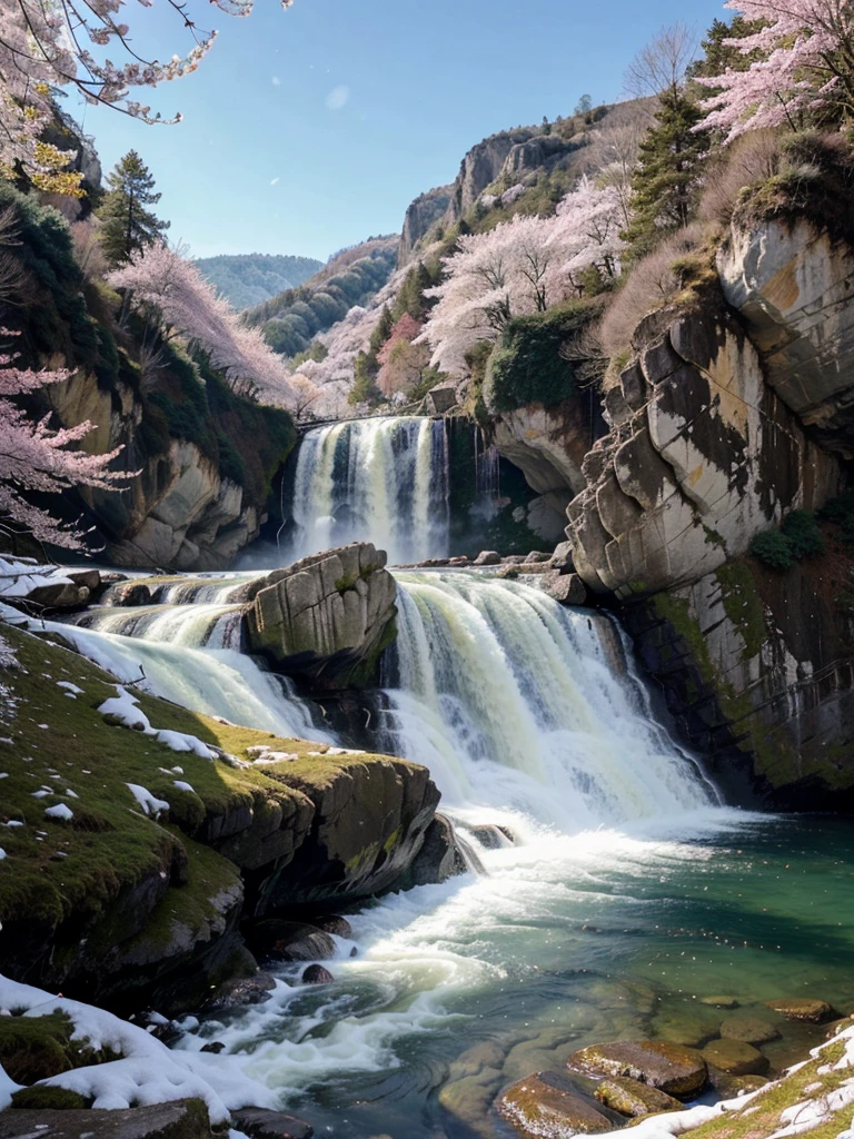 A detailed, lush landscape scene of a tree growing on a steep, rocky cliff, with a cascading waterfall, the sun shining brightly, cherry blossoms floating in the air, a fresh and serene atmosphere, with snow-capped mountains in the background, captured in the morning light.

tree on cliff, steep rocky cliff, cascading waterfall, bright sun, cherry blossoms, fresh atmosphere, snow-capped mountains, morning light, detailed landscape, lush nature, vibrant colors, photorealistic, 8k, highly detailed, masterpiece