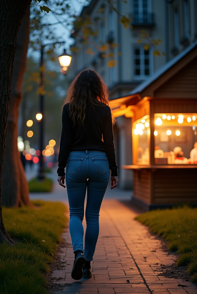 city. a woman in jeans walks quickly along the sidewalk. twilight. trees, path, earth, grass, kiosk