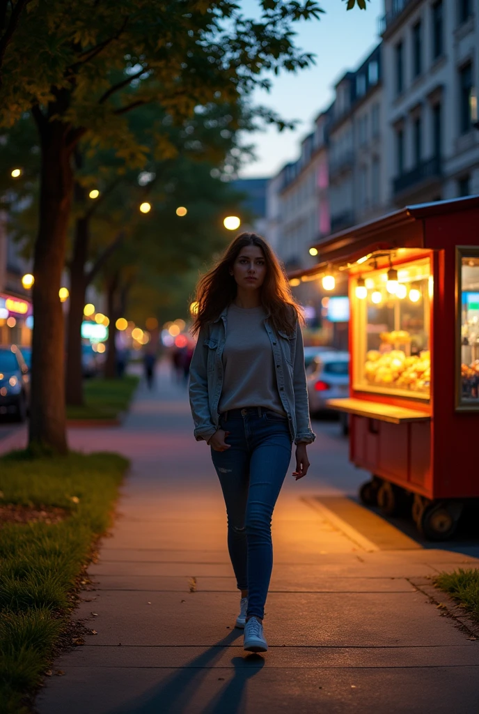 city. a woman in jeans walks quickly along the sidewalk. twilight. trees, path, earth, grass, kiosk