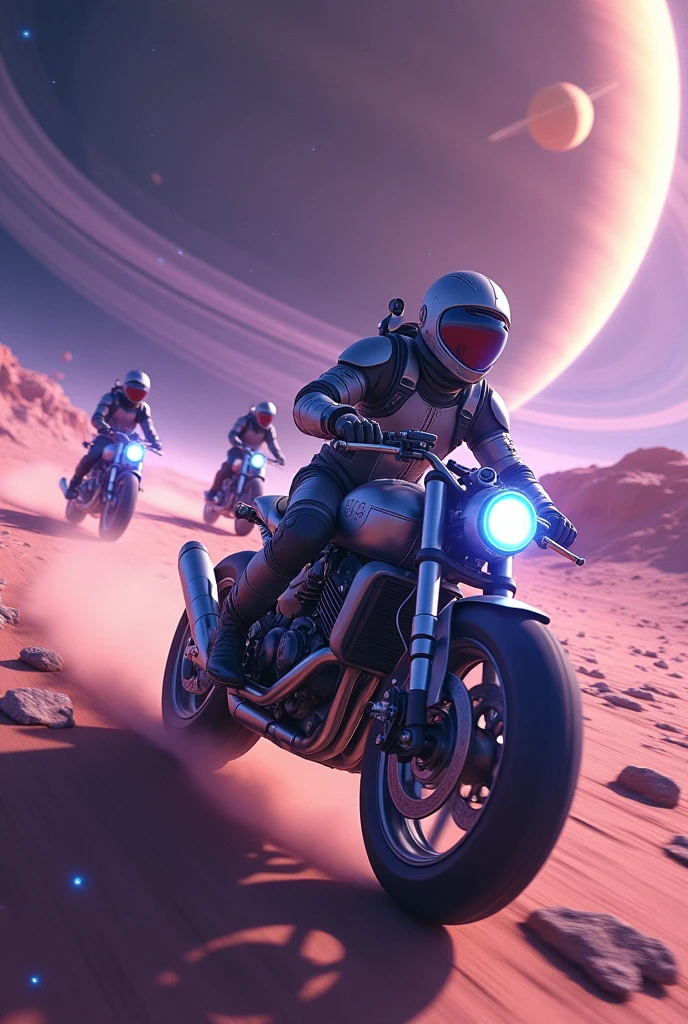 astronauts on motorcycles touring saturn