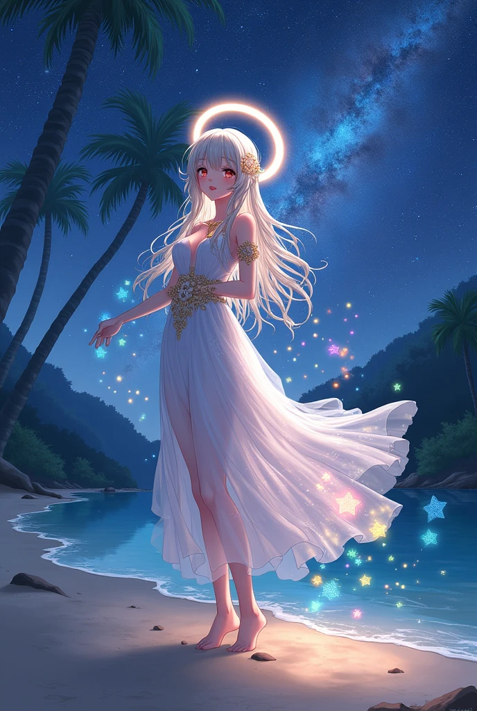 (masterpiece、Highest quality、8k、High resolution)、One female、(Beautiful Face、Beautiful Face)、Beautiful eyes、Beautiful lips、Beautiful nose、Silver blonde hair、(The best anime girl)、Sandy beach with a view of the forest、A bright night with stars visible、milky way、体whole bodyから神秘的な光の粒子、Colorful light particles、A mysterious light glowing around the head、jewelry、necklace、dress、(whole body)、Highly detailed anime art、A complete portrayal、