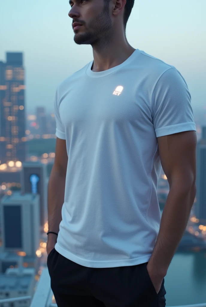 a white t shirt with ICT logo in the left chest and make it futuristic but simple and add technology design