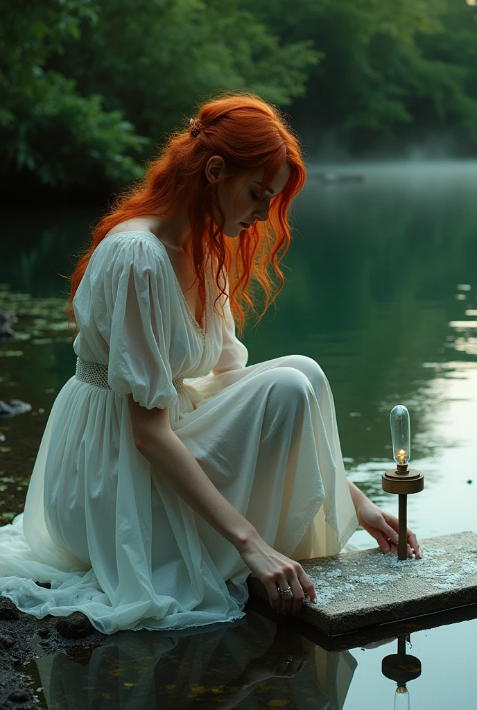 (photorealism:1.2), beautiful woman, red hairstyle, in a lake with mud, green lagoon with algae, wearing a white dress with a lampshade underneath, a lamp with fire, dark and gloomy atmosphere, image from to the top, realistic, intricate details, warm color ambient
