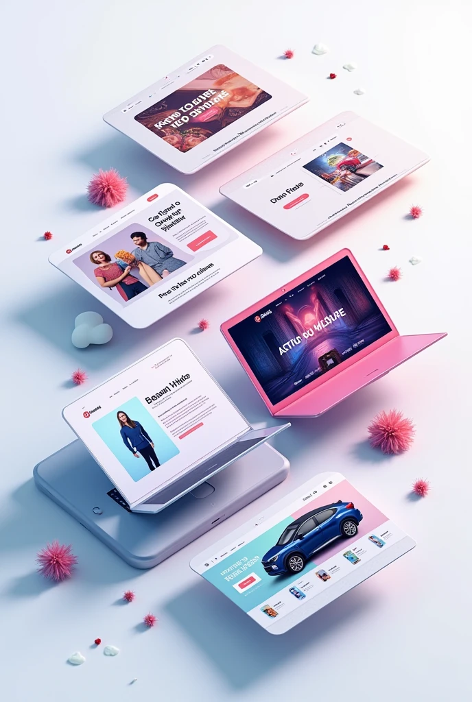 Modern and fluid web page designs in a single image, Some may be a clothing store, others a web portfolio, others a food store, others a car sales store., that they are displayed as if it were a list of 3D cards that are slightly overlapping but that allow you to appreciate the variety, that they are almost all together, that there is no fund or that the general fund is as minimal as possible, that there are no people or faces no faces, not even 3d as if it were real, las cards are 3d, avoid the background of the general image, includes responsive views