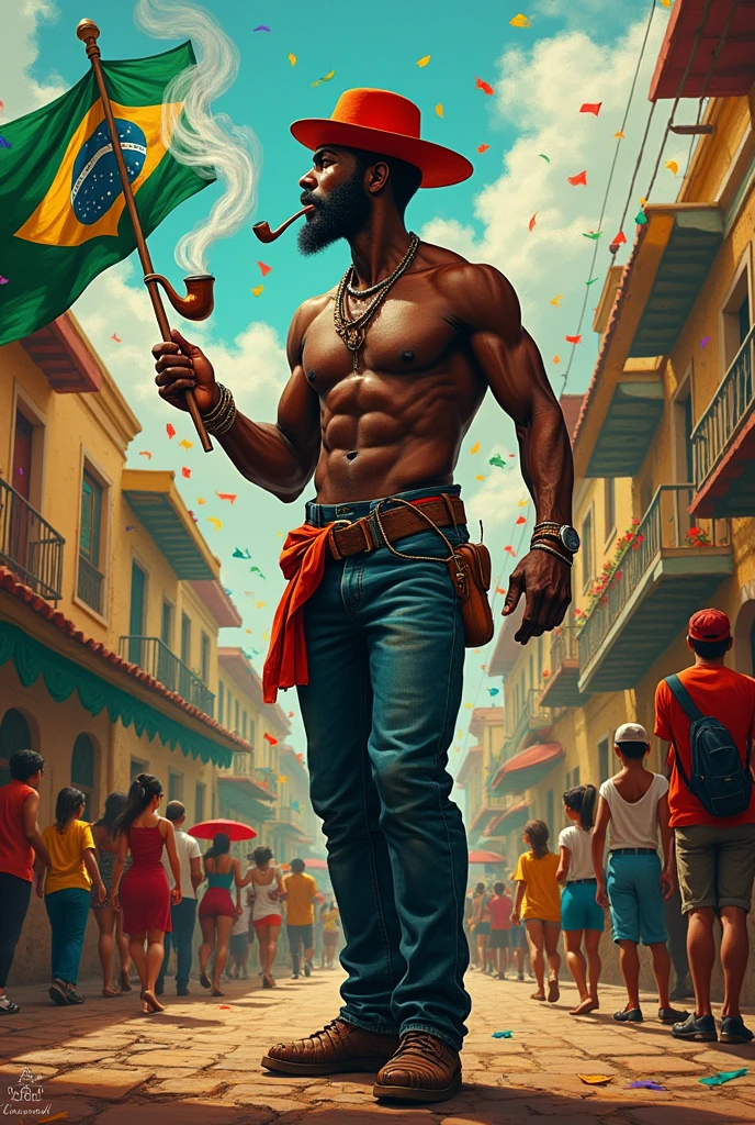  masculine noun [Folklore] Brazilian folklore being personified in a black man with ONLY ONE LEG who wears a red cap, smoke a pipe, holding a brazilian flag in frevo