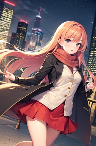 (Highest quality), (masterpiece), (Ultra-high resolution), whole body, One Woman , Strawberry Blonde, long, mini skirt, Duffle coat , Winter scarf, City, winter, ((It&#39;s snowing)), (illumination), ((night))