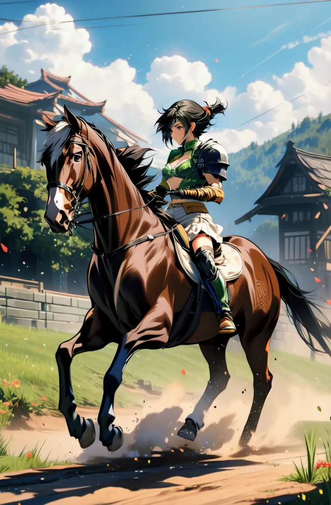 ((highest quality:1.2)), ((anime masterpiece)), (high detailed), 8k, cinematic lighting, anime screencap, HDR, yuffie kisaragi riding a BROWN HORSE, (yuffie kisaragi, {black hair}, small breast, cleavage), (green armor, white gauntlet, white miniskirt, white boots), mountains, outdoor, open field, ((from side: 1.2)), anatomically correct