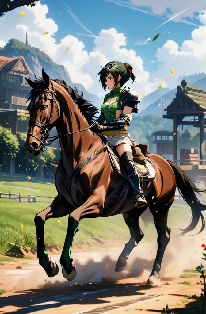 ((highest quality:1.2)), ((anime masterpiece)), (high detailed), 8k, cinematic lighting, anime screencap, HDR, yuffie kisaragi riding a BROWN HORSE, (yuffie kisaragi, {black hair}, small breast, cleavage), (green armor, white gauntlet, white miniskirt, white boots), mountains, outdoor, open field, ((from side: 1.2)), anatomically correct