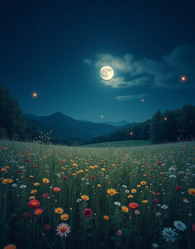 A vast, serene meadow at night, illuminated by a soft, ethereal moonlight. The field is filled with vibrant, wildflowers in full bloom, their colors muted under the night sky. Countless fireflies and glowworms dance among the flowers, their tiny lights creating a magical, twinkling effect across the landscape. The sky above is deep indigo, dotted with stars, adding to the enchanting atmosphere. The overall scene is peaceful, almost dreamlike, with a gentle breeze that makes the flowers sway softly under the calm, starry night