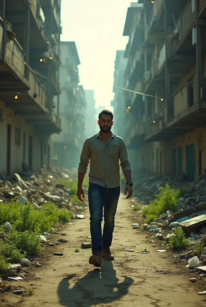 make a picture of a man standing and walking forward, in a miserable environment , but with the expression completely focused, and sparks come out of his eyes, while half of the environment begins to stop being miserable.