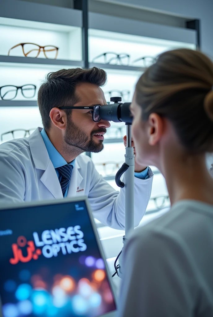 An advertising image that says JL lenses optics in which an optometrist appears performing a visual examination and has the JL lenses optics advertisement