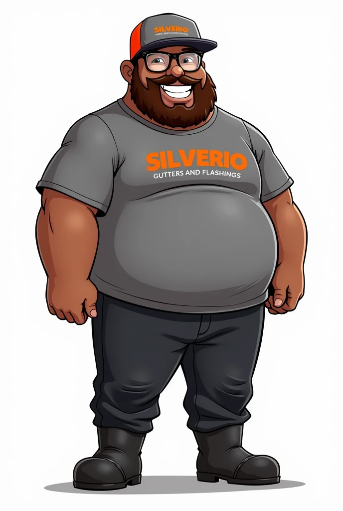 The image is a cartoon style illustration, com fundo branco. Nela, a brown man appears and is overweight, wearing glasses and a beard. Ele veste uma camiseta de manga longa gray with orange details e um boné combinando, gray with orange details, where is it registered "Silverio Gutters and Flashings". The man also wears black pants and black boots., giving him a hard-working appearance.