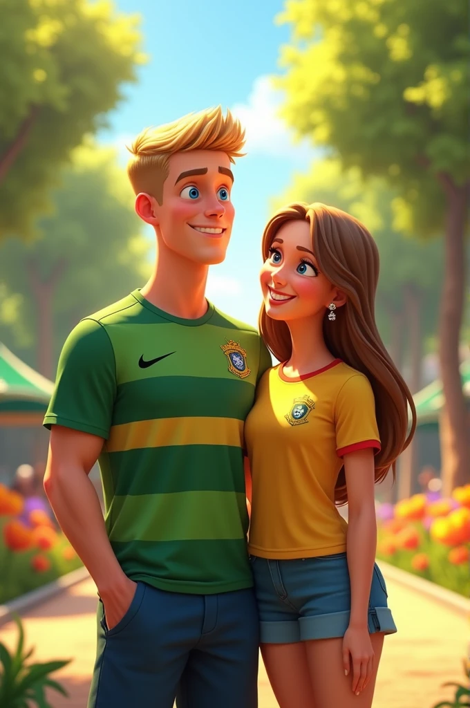 couple, he is tall blond 38 years old short blond hair, clear eyes, Palmeiras shirt she has light brown hair straight black shoulder length, Small Earrings, disney pixar style