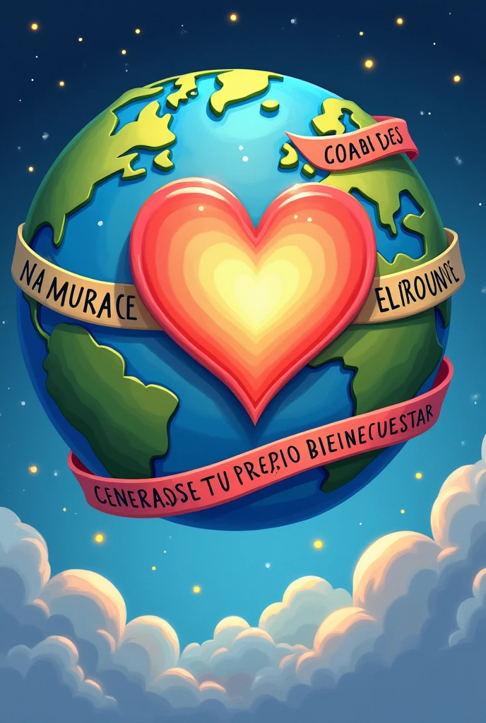 Draw a planet Earth with a heart in the center and a slogan around the Earth that describes the following words literally in the Spanish language: Young man, when you are at peace with yourself, you generate your own well-being.. All drawing must be done in cartoon, and words must predominate