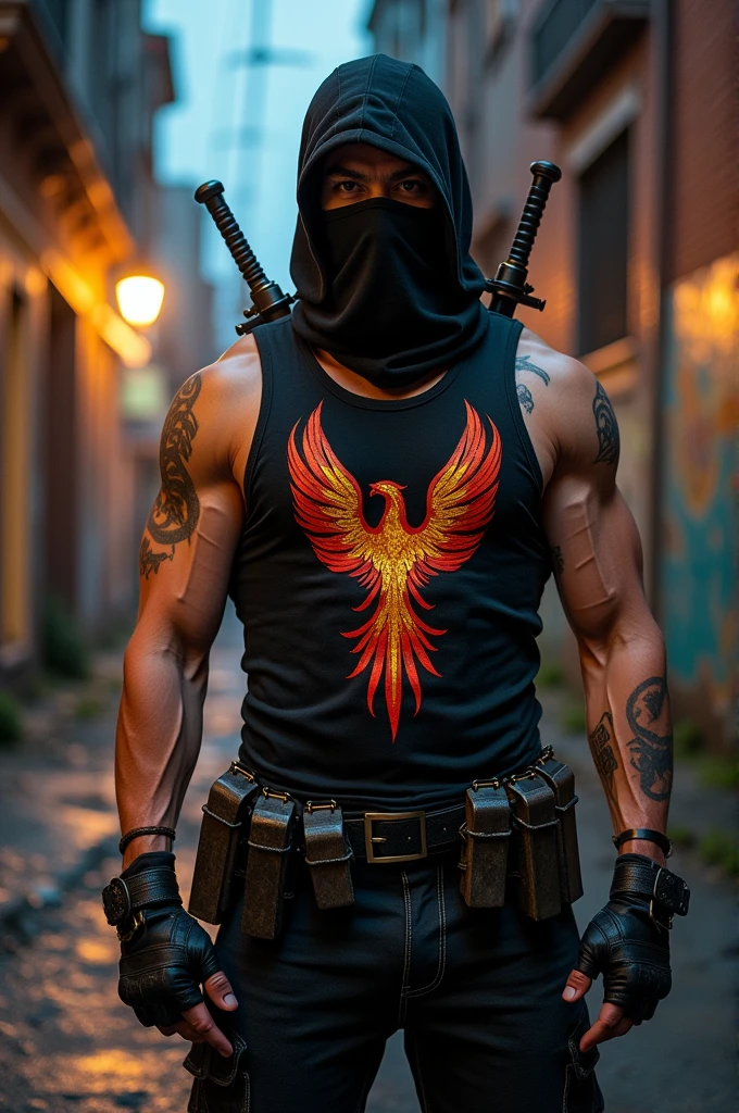 A man with weapons and a shirt that says phoenix and mask