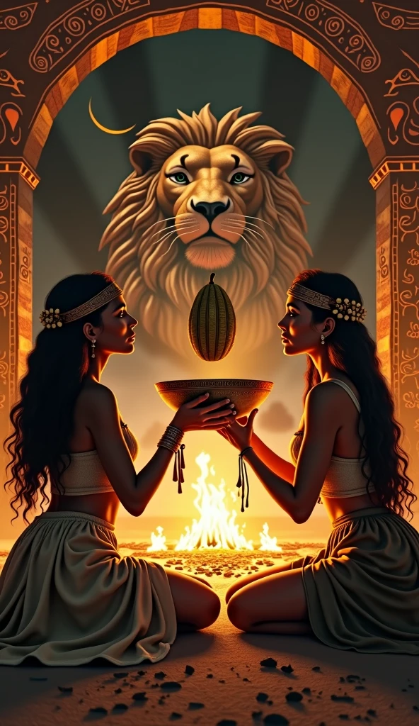 two ultra realistic mayan women with their backs to a portal with a majestic golden lion on the portal inside a black moon,  convey depth. Healing lights come from the hearts of these women., one holds a bronze bowl and the other a large cocoa fruit over a ritual fire, They are sitting.. in the background women dancing.