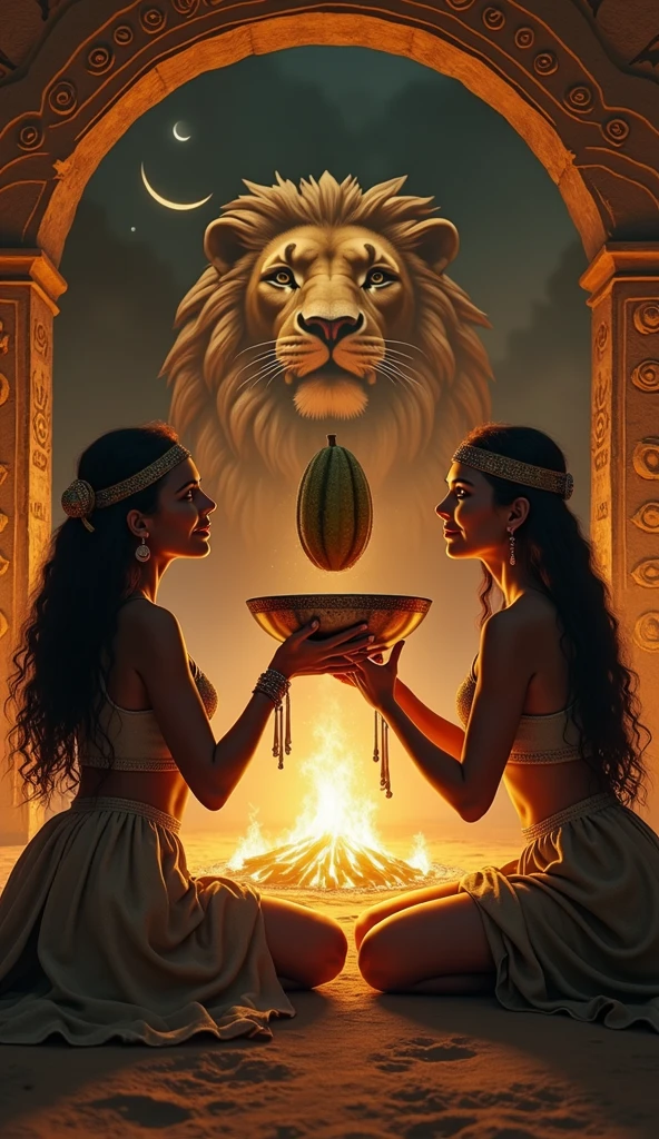 two ultra realistic mayan women with their backs to a portal with a majestic golden lion on the portal inside a black moon, convey depth. Healing lights come from the hearts of these women., one holds a bronze bowl and the other a large cocoa fruit over a ritual fire, They are sitting.. in the background women dancing.